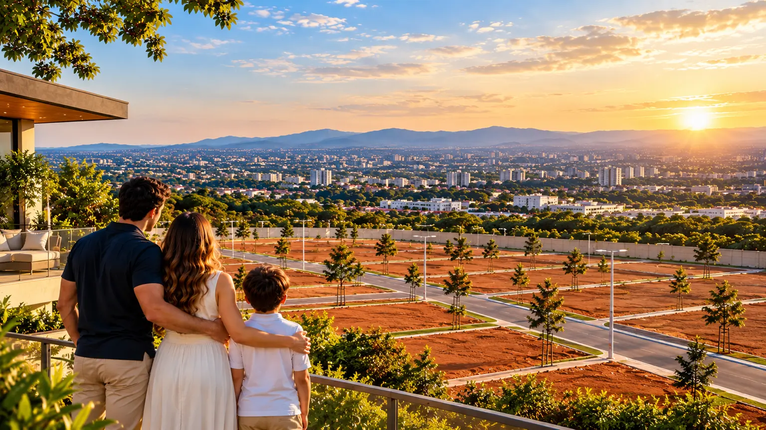 Família contemplando o novo bairro planejado Reserva Taraz em Campinas